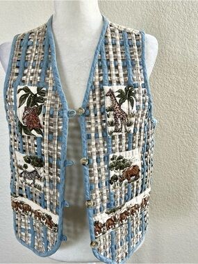 Vintage Casey & Max embroidered animal safari cotton linen lattice vest